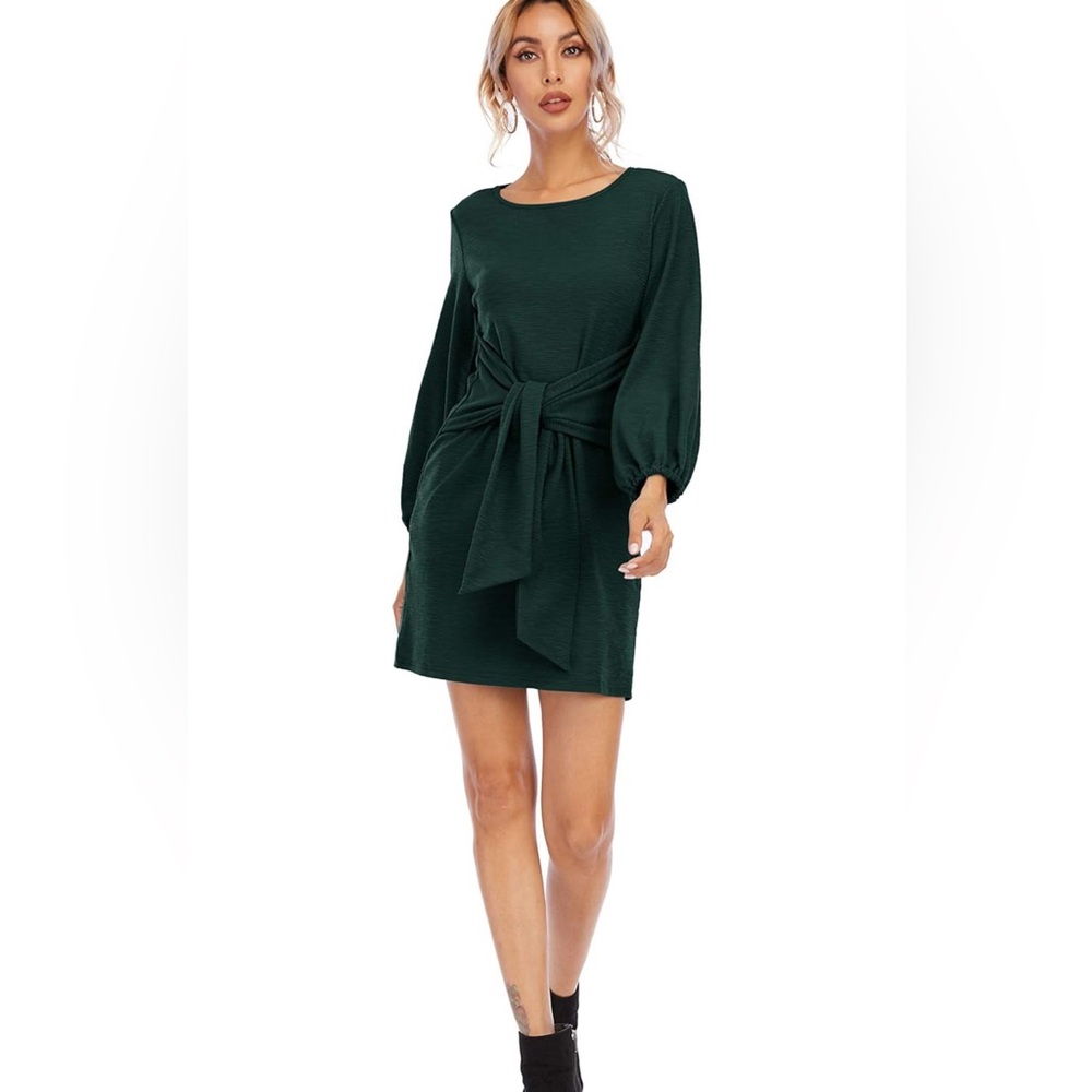 Women's Dark Green Long Sleeve Tie-Waist Mini Dress